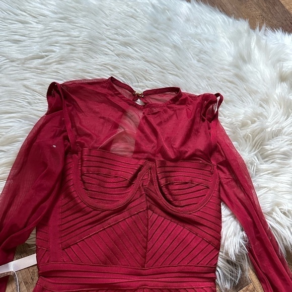 HOUSE OF CB Noelle Wine Bandage Mesh Dress - Picture 5 of 8